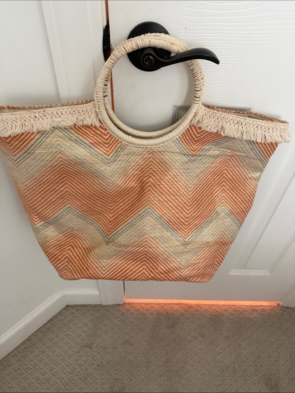Shiraleah Boho Chevron Straw Tote Bag in Orange and Cream